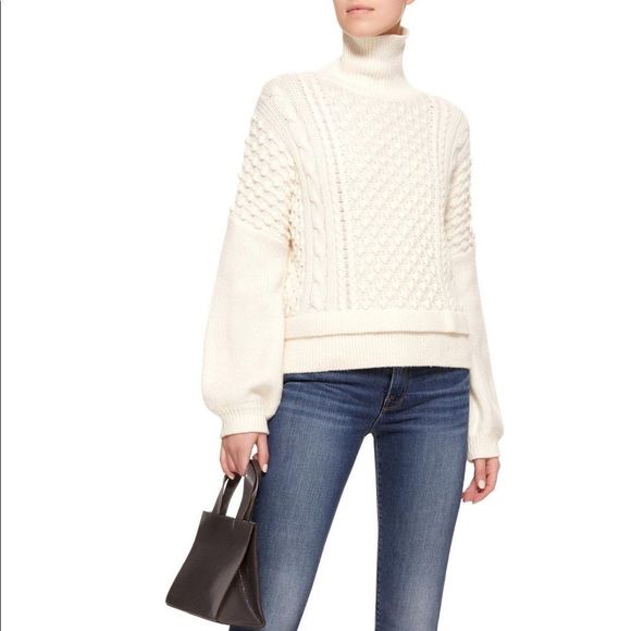 FRAME Popcorn Stitch Wool Blend Sweater Turtleneck White - Picture 9 of 10